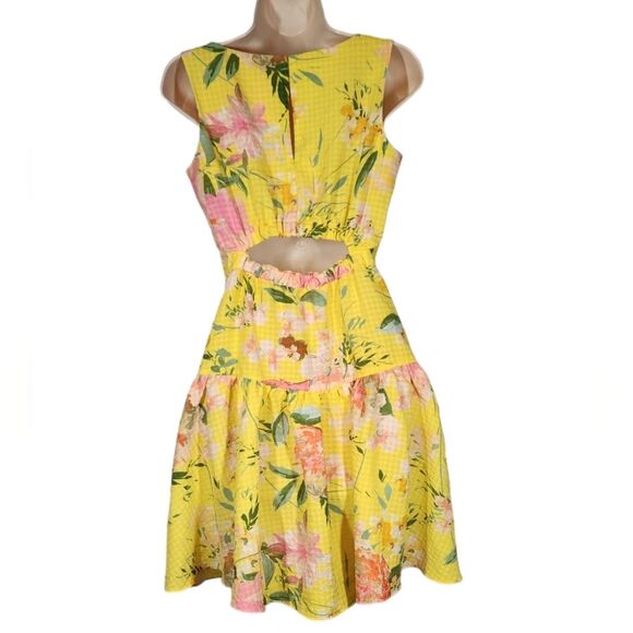 Maison Tara Dress Floral Seersucker Tiered Mini Sleeveless Cut Out Pink Yellow 4 - Picture 8 of 16
